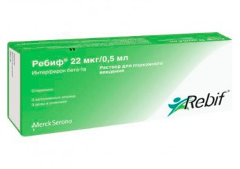 фото упаковки ребиф раствор 22 мкг/0,5 мл 3 шприца по 0.5 мл (для инъекций)