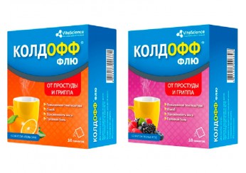 фото упаковки колдофф флю порошок (325 мг+10 мг+20 мг+50 мг) 10 пакетов по 5 г (для приготовления раствора внутрь)